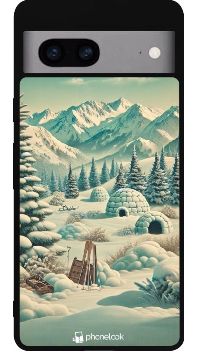 Coque Google Pixel 7a - Silicone rigide noir Vintage Snowy Mountain Igloo