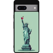 Coque Google Pixel 7a - Silicone rigide noir Wine Statue de la liberté avec un verre de vin