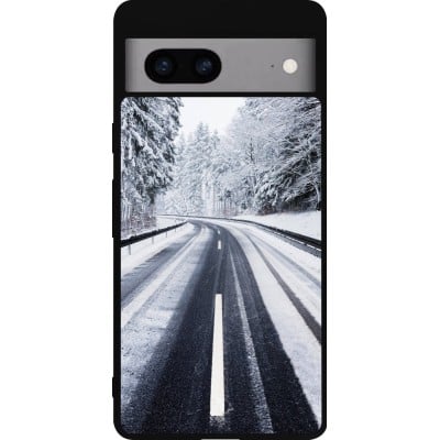 Coque Google Pixel 7a - Silicone rigide noir Winter 22 Snowy Road