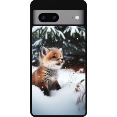 Coque Google Pixel 7a - Silicone rigide noir Noël 2023 Renardeau sapin