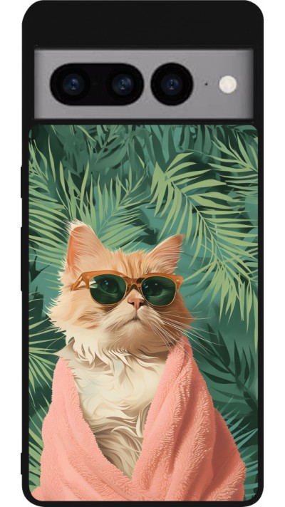 Coque Google Pixel 7 Pro - Silicone rigide noir Cat Summer Palms