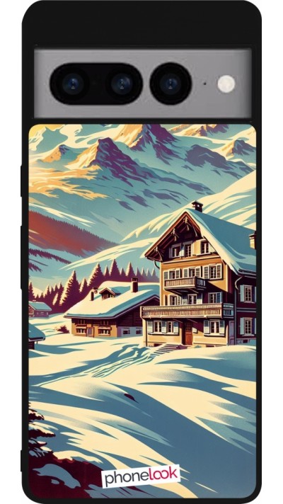 Coque Google Pixel 7 Pro - Silicone rigide noir Chalet montagne enneigée