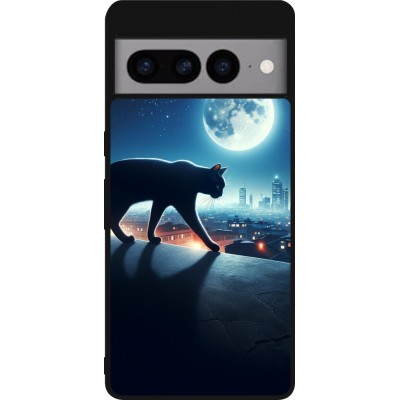 Coque Google Pixel 7 Pro - Silicone rigide noir Chat noir sous la pleine lune