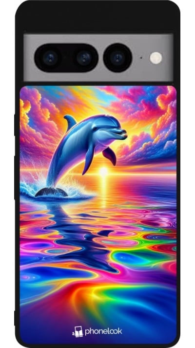 Coque Google Pixel 7 Pro - Silicone rigide noir Dauphin arc-en-ciel heureux