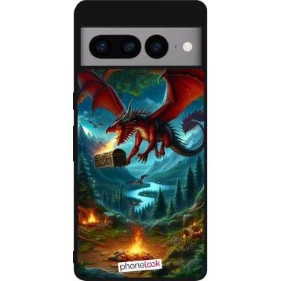 Coque Google Pixel 7 Pro - Silicone rigide noir Dragon Volant Forêt Trésor