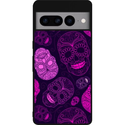 Coque Google Pixel 7 Pro - Silicone rigide noir Halloween 2023 pink skulls