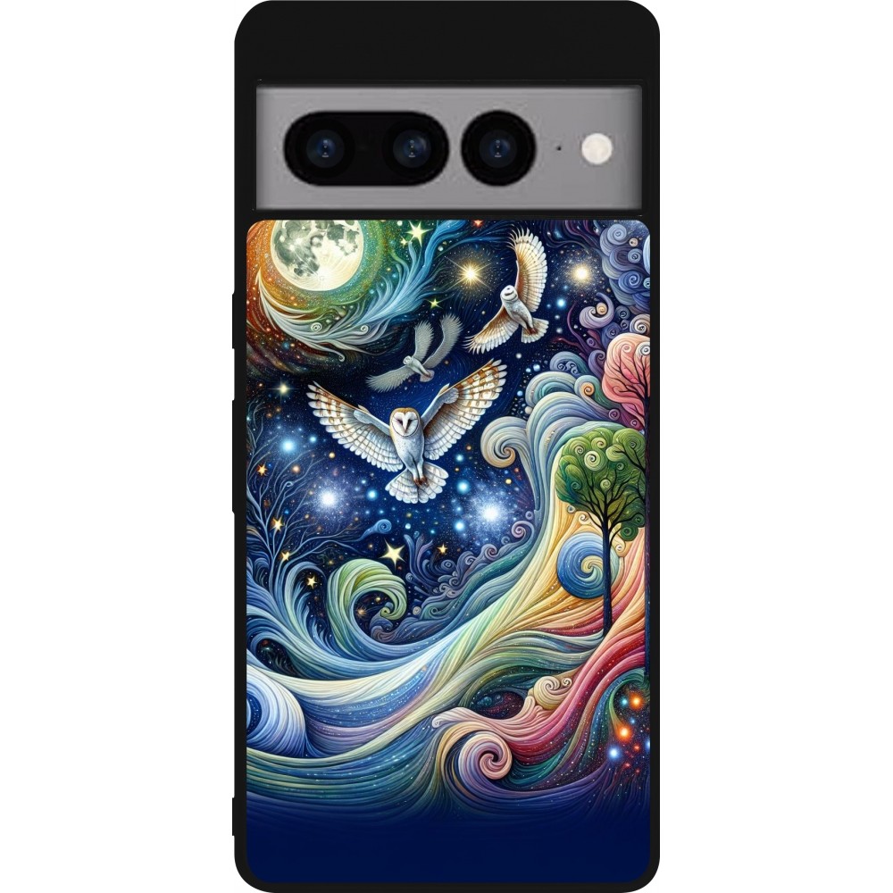 Coque Google Pixel 7 Pro - Silicone rigide noir hibou volant floral