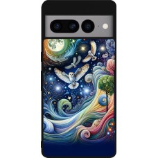 Coque Google Pixel 7 Pro - Silicone rigide noir hibou volant floral