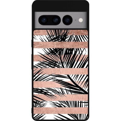 Coque Google Pixel 7 Pro - Silicone rigide noir Palm trees gold stripes