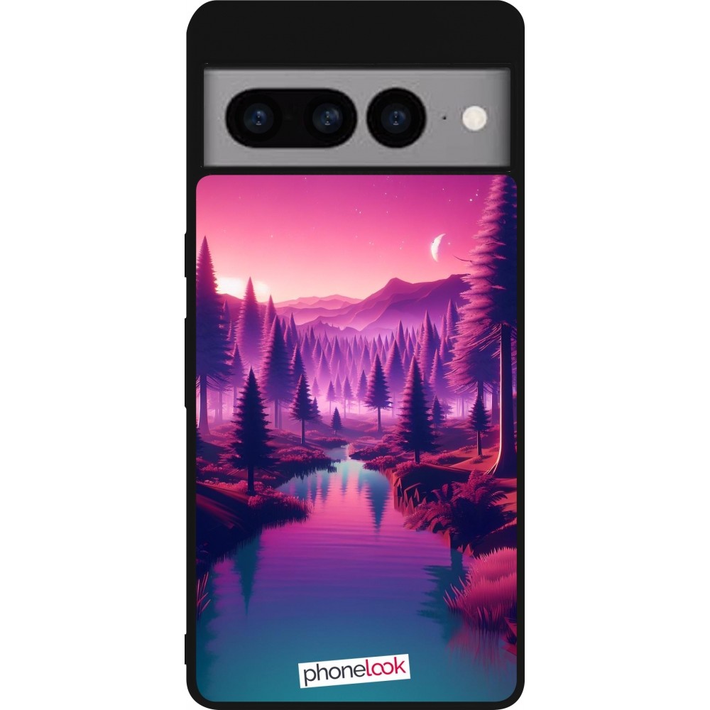 Coque Google Pixel 7 Pro - Silicone rigide noir Paysage Violet-Rose