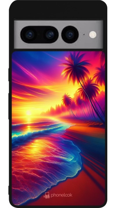 Coque Google Pixel 7 Pro - Silicone rigide noir Plage coucher soleil flashy