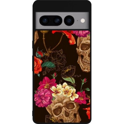 Coque Google Pixel 7 Pro - Silicone rigide noir Skulls and flowers