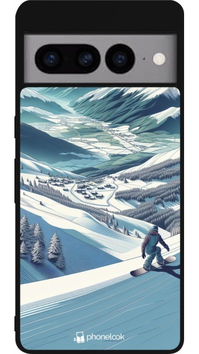 Coque Google Pixel 7 Pro - Silicone rigide noir Snowboarder Montagne