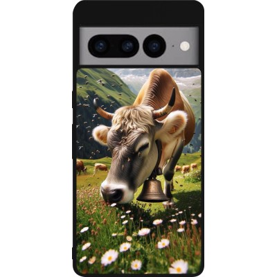 Coque Google Pixel 7 Pro - Silicone rigide noir Vache montagne Valais