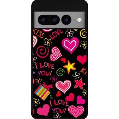 Coque Google Pixel 7 Pro - Silicone rigide noir Valentine 2023 love symbols