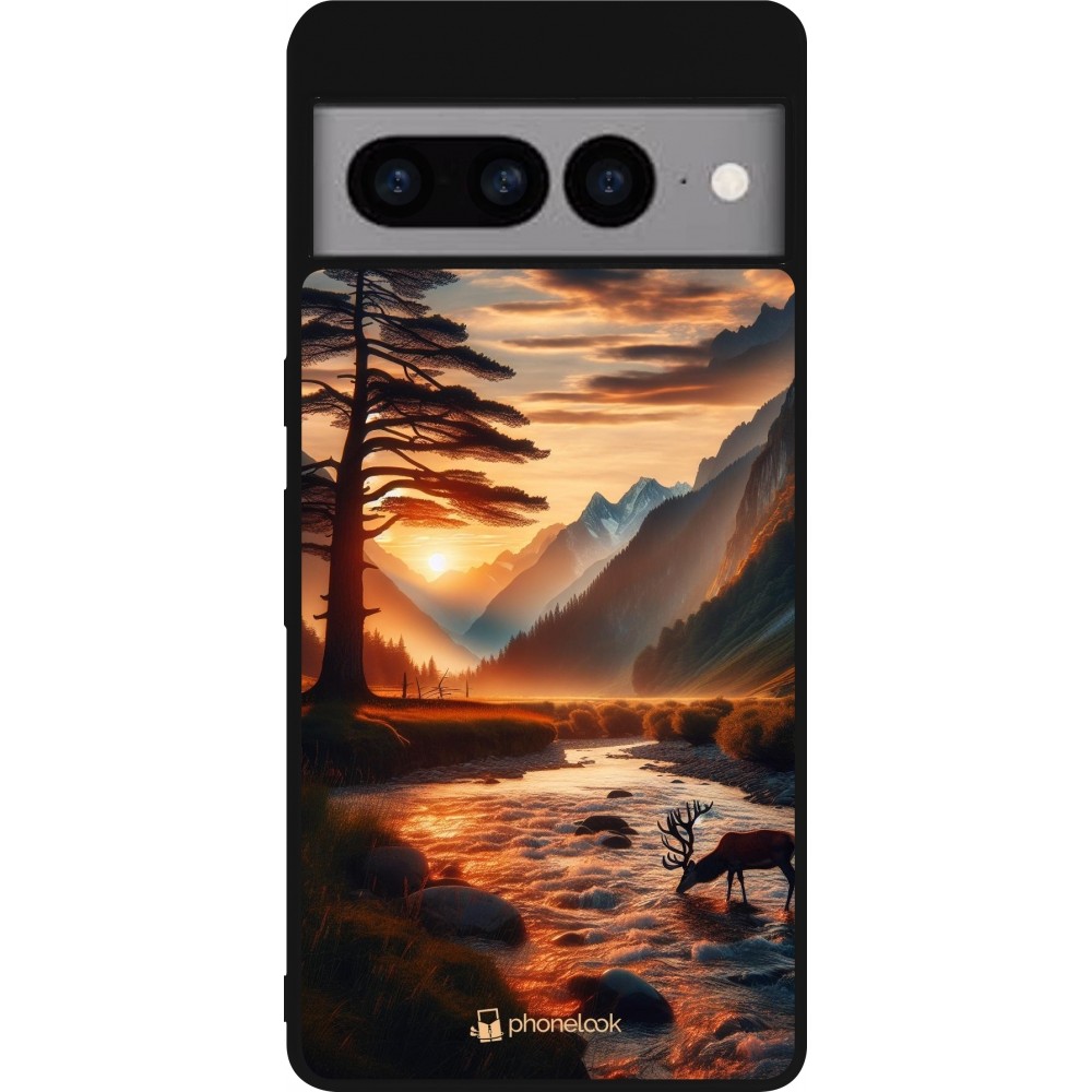 Coque Google Pixel 7 Pro - Silicone rigide noir Valley Sunset Deer Tree