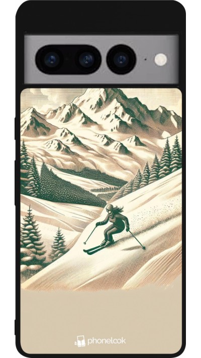 Coque Google Pixel 7 Pro - Silicone rigide noir Vintage Ski Mountain