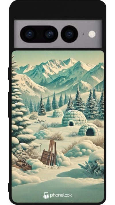 Coque Google Pixel 7 Pro - Silicone rigide noir Vintage Snowy Mountain Igloo