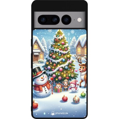 Coque Google Pixel 7 Pro - Silicone rigide noir Noël 2023 bonhomme de neige et sapin