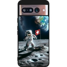 Coque Google Pixel 8 - Silicone rigide noir Astro Suisse sur lune