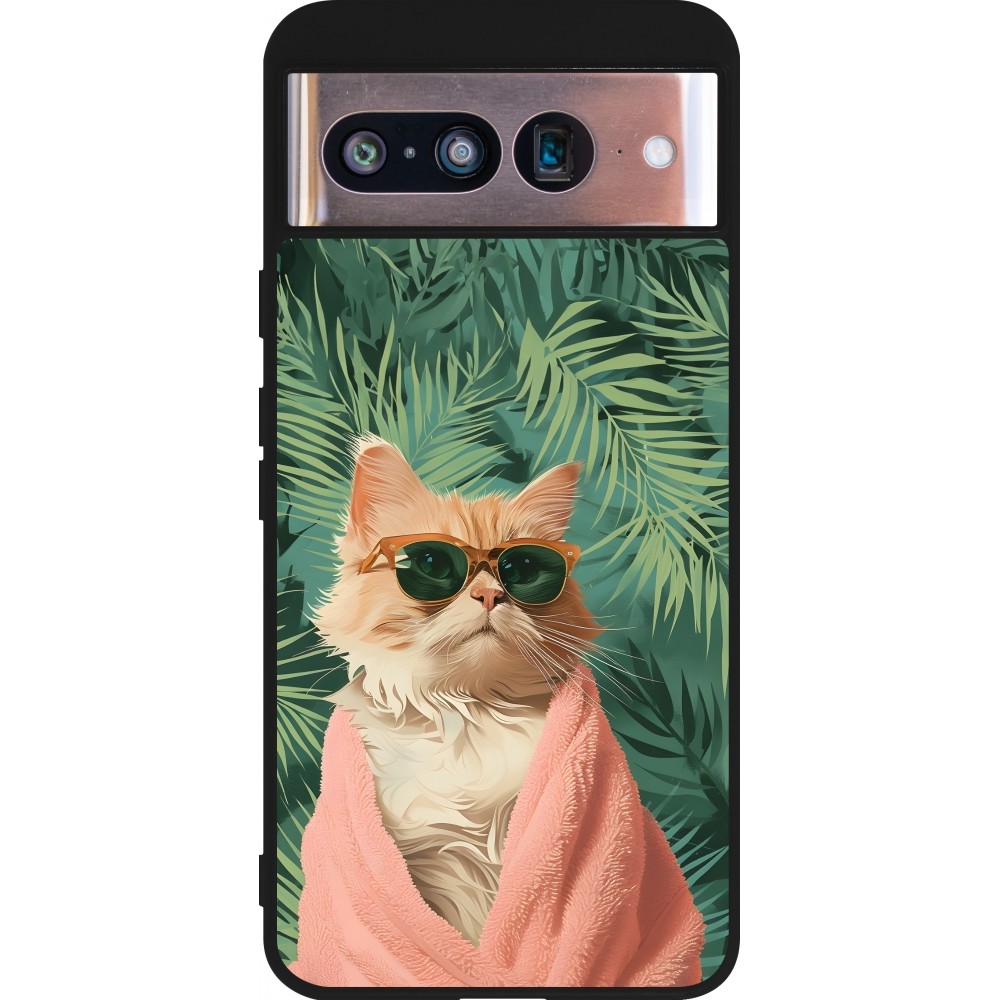 Coque Google Pixel 8 - Silicone rigide noir Cat Summer Palms