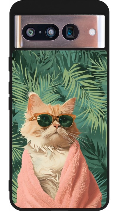 Coque Google Pixel 8 - Silicone rigide noir Cat Summer Palms