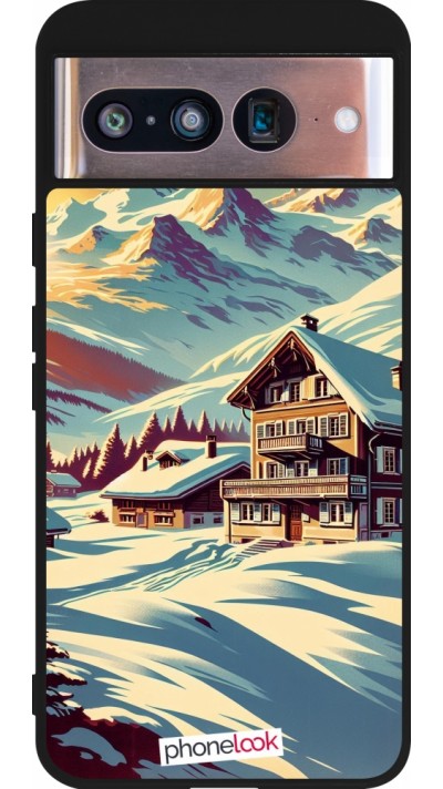 Coque Google Pixel 8 - Silicone rigide noir Chalet montagne enneigée