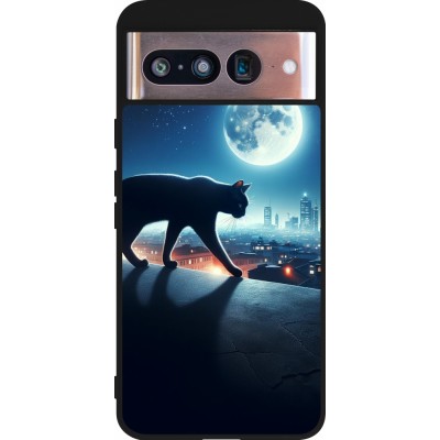 Coque Google Pixel 8 - Silicone rigide noir Chat noir sous la pleine lune