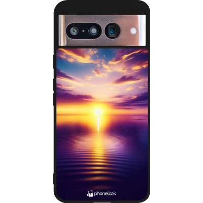 Coque Google Pixel 8 - Silicone rigide noir Coucher soleil jaune violet