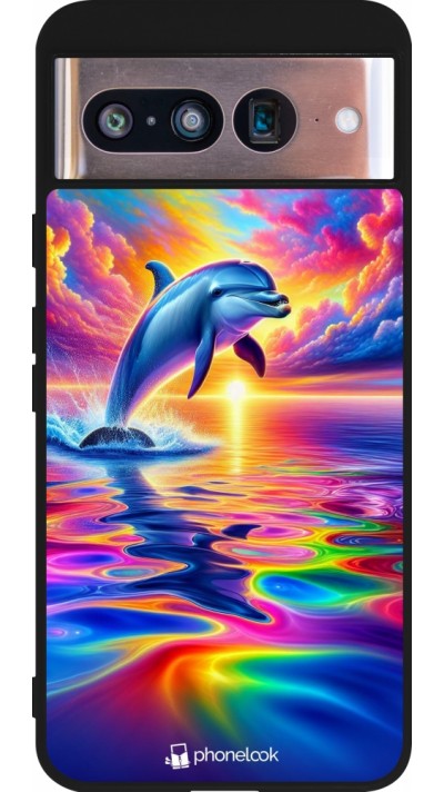 Coque Google Pixel 8 - Silicone rigide noir Dauphin arc-en-ciel heureux