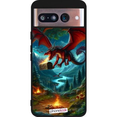 Coque Google Pixel 8 - Silicone rigide noir Dragon Volant Forêt Trésor