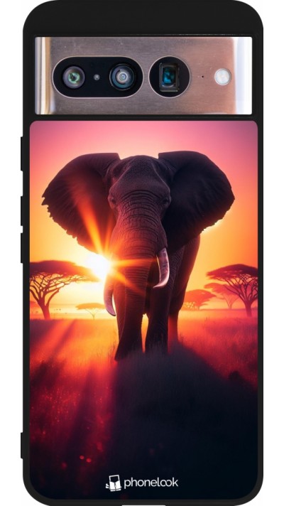 Coque Google Pixel 8 - Silicone rigide noir Elephant Sunrise Beauty