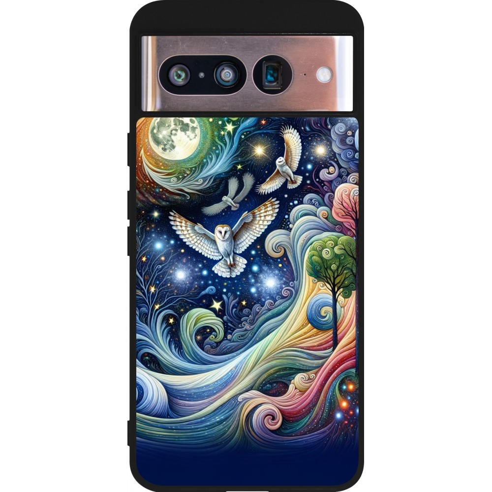 Coque Google Pixel 8 - Silicone rigide noir hibou volant floral