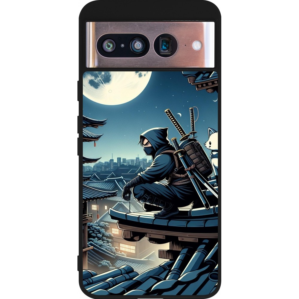 Coque Google Pixel 8 - Silicone rigide noir Ninja sous la lune