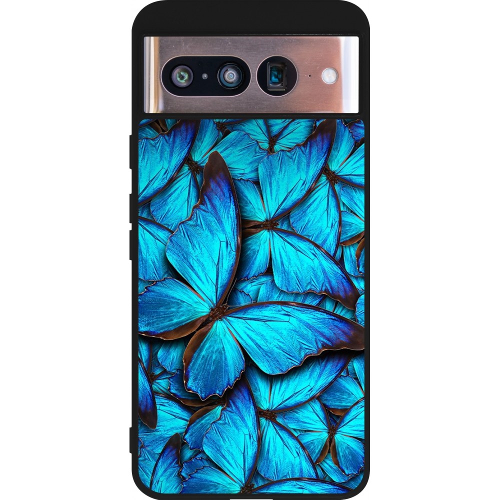 Coque Google Pixel 8 - Silicone rigide noir Papillon bleu