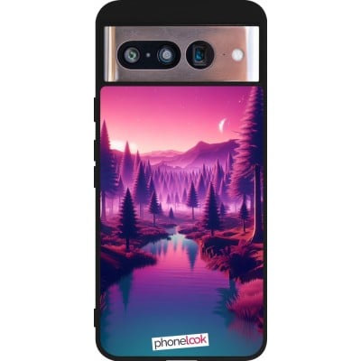 Coque Google Pixel 8 - Silicone rigide noir Paysage Violet-Rose