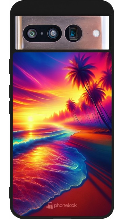 Coque Google Pixel 8 - Silicone rigide noir Plage coucher soleil flashy