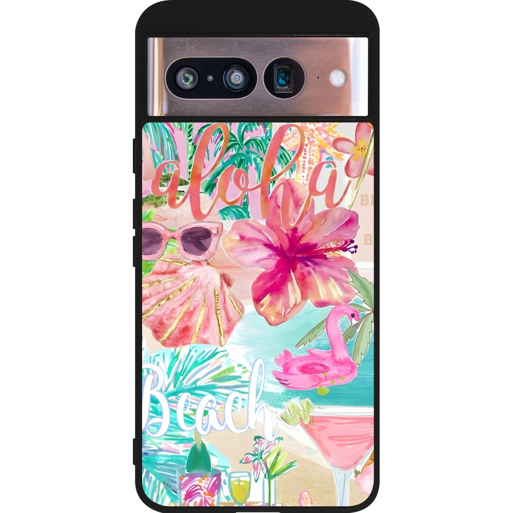 Coque Google Pixel 8 - Silicone rigide noir Preppy Collage Aloha