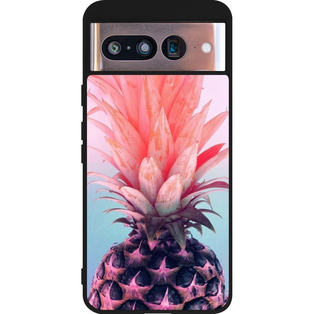 Coque Google Pixel 8 - Silicone rigide noir Purple Pink Pineapple