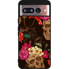 Coque Google Pixel 8 - Silicone rigide noir Skulls and flowers