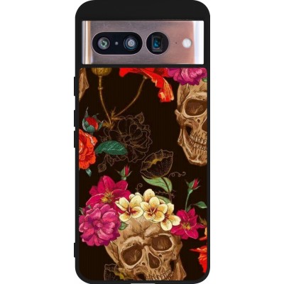 Coque Google Pixel 8 - Silicone rigide noir Skulls and flowers