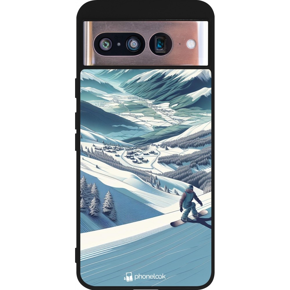 Coque Google Pixel 8 - Silicone rigide noir Snowboarder Montagne