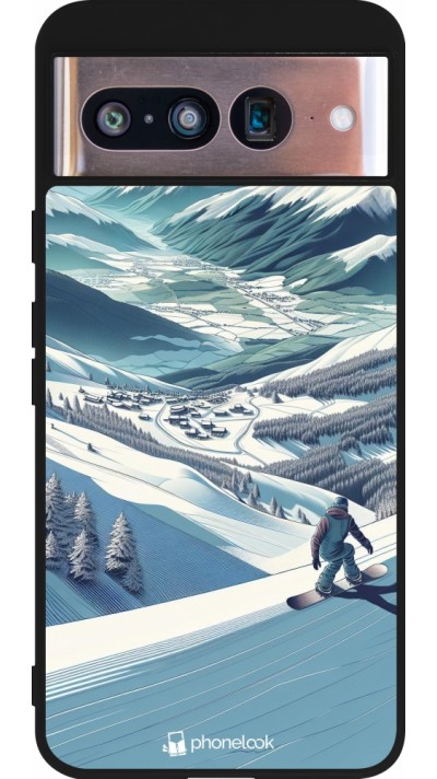 Coque Google Pixel 8 - Silicone rigide noir Snowboarder Montagne