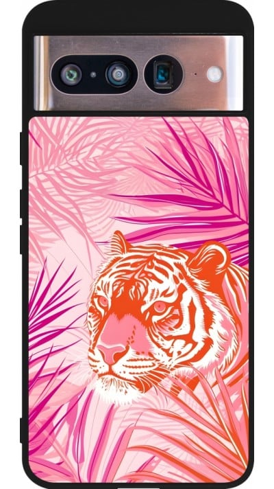 Coque Google Pixel 8 - Silicone rigide noir Tigre palmiers roses