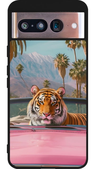 Coque Google Pixel 8 - Silicone rigide noir Tigre voiture rose