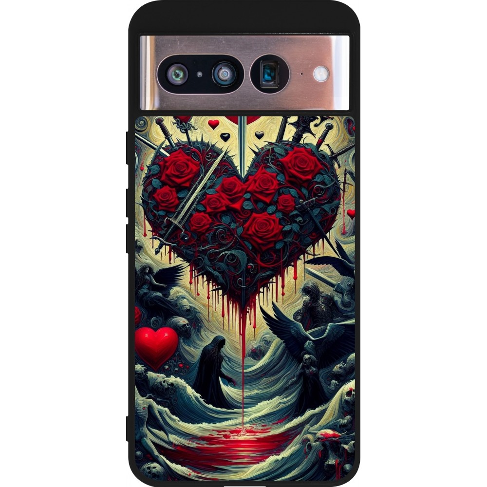 Coque Google Pixel 8 - Silicone rigide noir Dark Love Coeur Sang