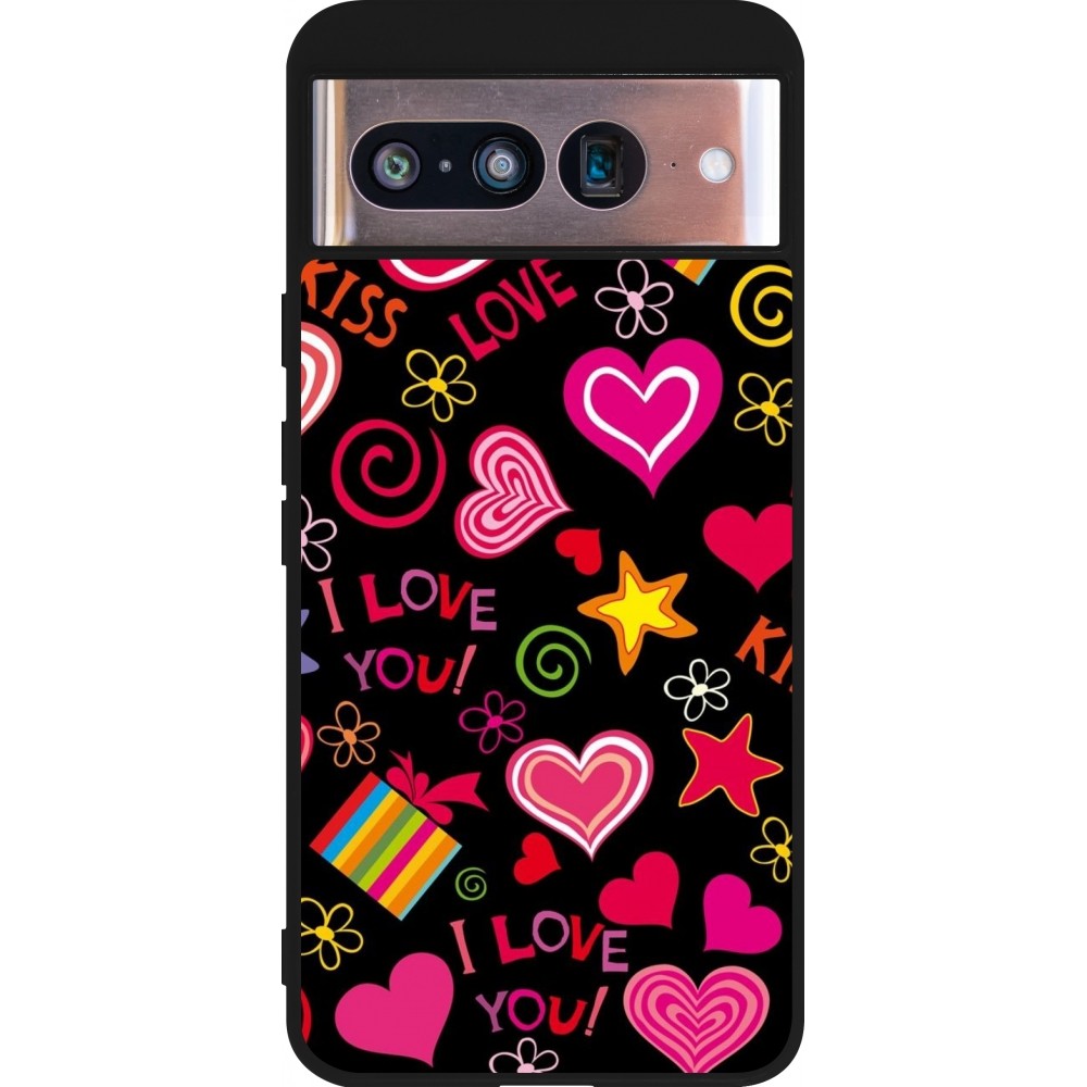 Coque Google Pixel 8 - Silicone rigide noir Valentine 2023 love symbols