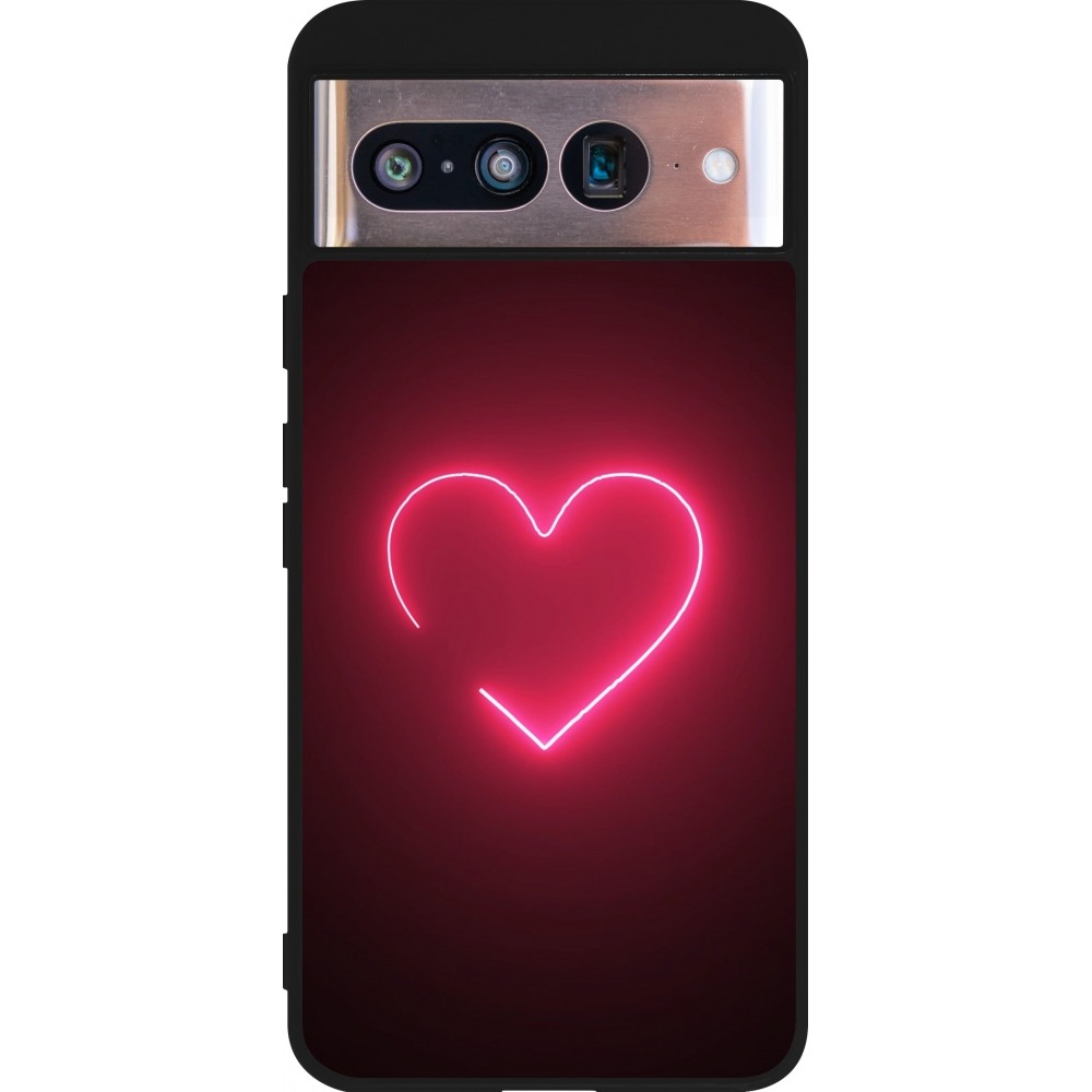 Coque Google Pixel 8 - Silicone rigide noir Valentine 2023 single neon heart