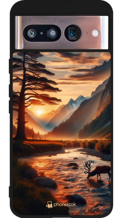 Coque Google Pixel 8 - Silicone rigide noir Valley Sunset Deer Tree