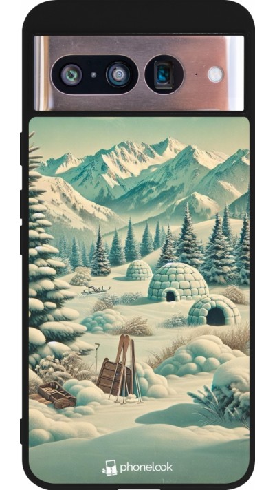 Coque Google Pixel 8 - Silicone rigide noir Vintage Snowy Mountain Igloo